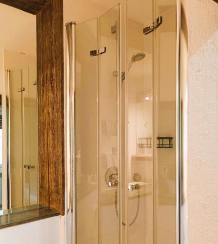 a shower with a glass door in a bathroom at ARRIVEL Pension Haus am Bach in Allershausen