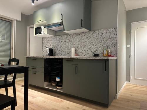 une cuisine avec des placards gris et un comptoir dans l'établissement Coup de coeur Grenoblois, à Grenoble