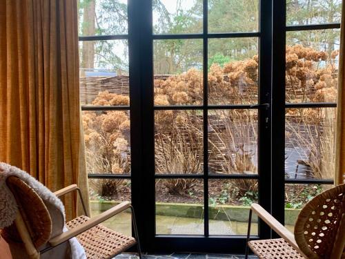a window with a view of a yard at Vakantiehuis ABEL in Dilsen-Stokkem