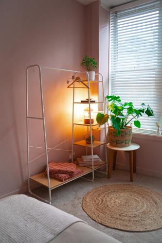 a room with a shelf with a plant and a window at 20min train to Edinburgh, The Coorie Inn in Inverkeithing