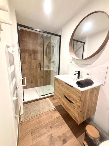une salle de bain avec un lavabo et une douche avec un miroir dans l'établissement Appartement Chaleureux, à Laval