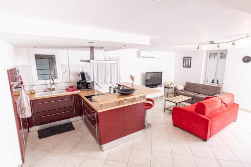 a kitchen and a living room with a red couch at gîte La Ferrandière Berson Blaye Bordeaux Gironde in Berson