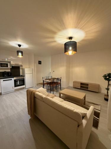Il comprend un salon avec un canapé, une cuisine et une table. dans l'établissement Apt Neuf Centre Saint-sever, à Rouen