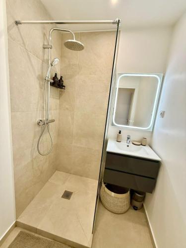 une salle de bain avec douche et lavabo dans l'établissement Magnifique 2 pièces - Vieux Nice, à Nice