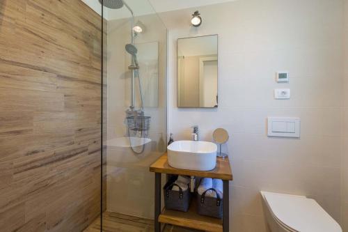 a bathroom with a sink and a toilet and a mirror at Villa Skarline in Donje Baredine