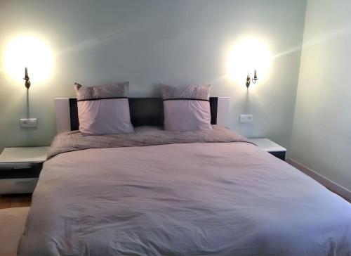 a bedroom with a large bed with two night stands at Maison enchanteur à Berrwiller avec jardin paisible in Berrwiller