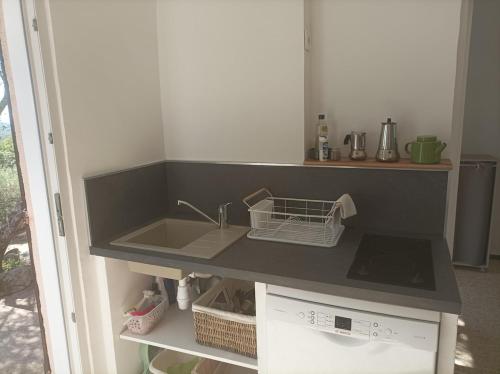 une cuisine avec un évier et un plan de travail dans l'établissement I Caselli, mini villa Vue Mer dans résidence calme et arborée, à Lecci