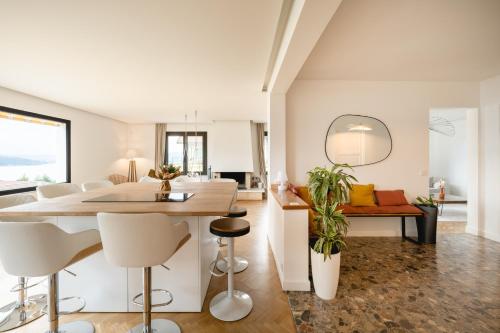 une salle à manger et un salon avec une table et des chaises dans l'établissement Villa Manali - vue lac, à Veyrier-du-Lac