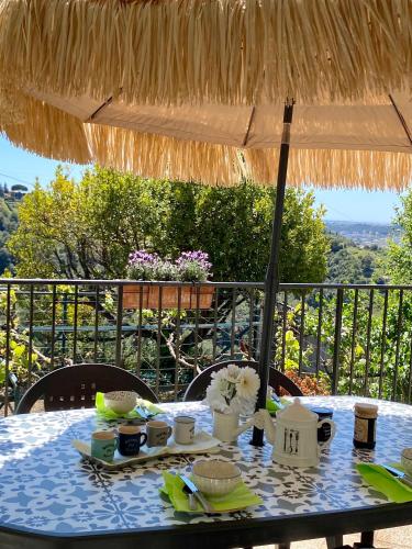 une table avec un chiffon de table bleu et blanc et un parasol dans l'établissement l'échappée belle - vineyard-jacuzzi and BBQ, à Nice