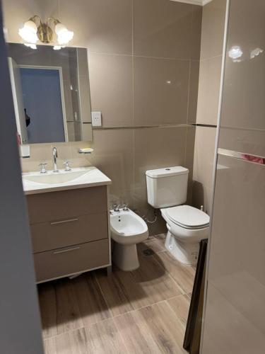 a bathroom with a toilet and a sink and a mirror at dpto italia in Comodoro Rivadavia