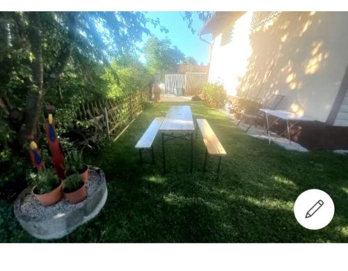 a backyard with a picnic table and potted plants at Ferienwohnung Katharina in Steinbach am Attersee
