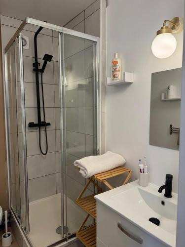 une salle de bain avec une douche en verre et un lavabo dans l'établissement Beau Studio proche de la gare de train, à Gagny