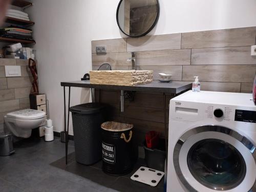 La salle de bains est pourvue d'un lave-linge et d'un miroir. dans l'établissement Bienvenue, à Valence