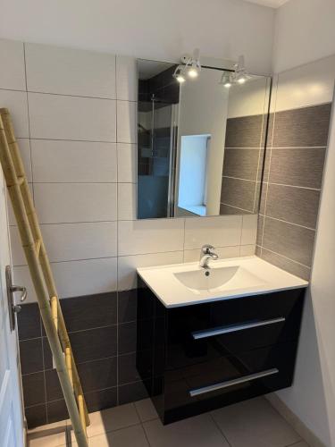 une salle de bain avec un lavabo et un miroir dans l'établissement Maison cosy du Bocage Ornais, à Condé-sur-Sarthe