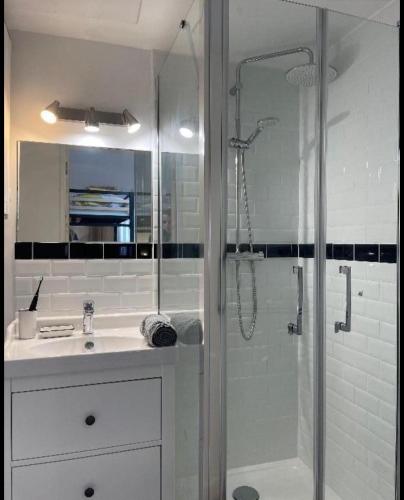 une salle de bain avec une douche en verre et un lavabo dans l'établissement Cocon avec vue imprenable - Face Gare Lille Flandres 4 PERS, à Lille