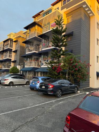 un parcheggio con auto parcheggiate di fronte a un edificio di Apartamento a Mendoza