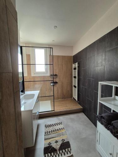 une salle de bain avec un lavabo et une douche en verre dans l'établissement Appartement proche circuit 24h du Mans, au Mans