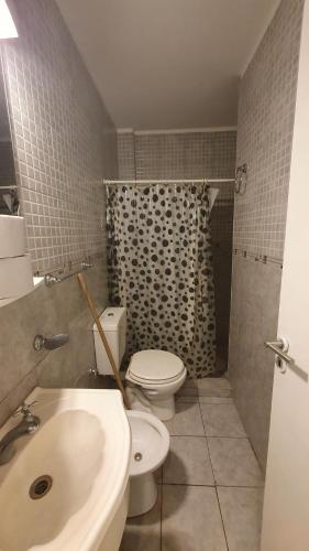 une salle de bain avec toilettes, douche et lavabo dans l'établissement Departamento en Peatonal 83, à Necochea