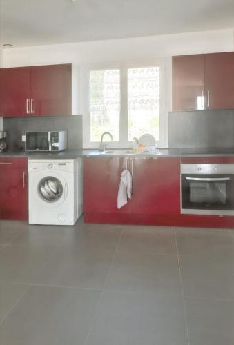 une cuisine avec un évier et une machine à laver dans l'établissement Maison chaleureuse à Sully avec vue sur la montagne, à Sully