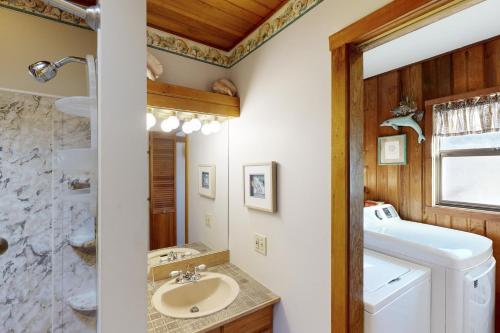 a bathroom with a sink and a washer and dryer at Hill Villa in Newport