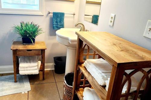 a bathroom with a sink and a toilet and a mirror at Charming Cute Convenient 2 mi to Downtown and UGA in Athens