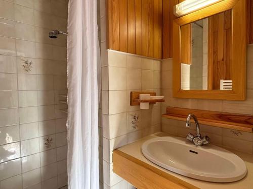 a bathroom with a sink and a mirror and a shower at Appartement Chez Jean - 2 chambres - Centre du Village - À 30 mètres des télécabines in Champagny-en-Vanoise
