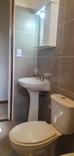 une salle de bains avec toilettes et lavabo dans l'établissement Complejo Canto de los Pájaros, à Villa Parque Siquiman