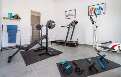a gym with several exercise equipment in a room at Villa Ivano in Petrcane