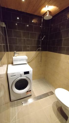 a bathroom with a washing machine and a toilet at Nice apartment for 4, budget alternative for 7 in Haparanda