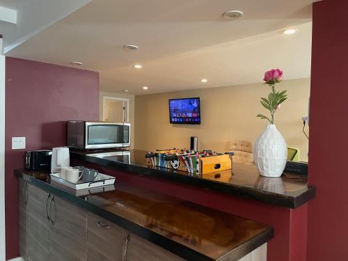 a kitchen with a counter with a vase of flowers on it at Welcome to Shibly's Retreat in Edmonton