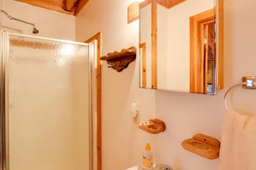 a bathroom with a shower and a sink at Creek Bend Escape with Hot Tub and River Views! in McCaysville