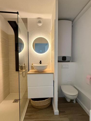 une salle de bain avec un lavabo et des toilettes dans l'établissement Le cosy Parking gratuit piscine terrain de tennis, à Castelginest