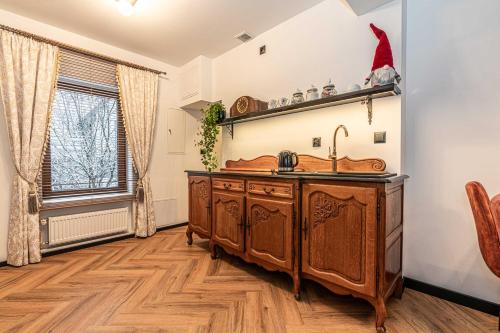 ビャウィ・ドゥナイェツにあるApartamenty TRZY IZBYのキッチン(木製のシンク付)、窓