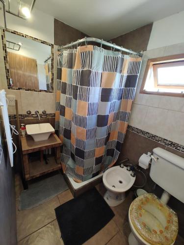 a bathroom with a toilet and a shower curtain at Cabaña Jardín del Río in Junín de los Andes