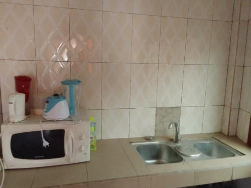 une cuisine avec un évier et un micro-ondes dans l'établissement Apecsi, à Dakar