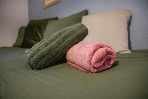- une serviette rose assise sur un lit vert dans l'établissement Studio cosy cité des congrès wifi fibre, à Nantes