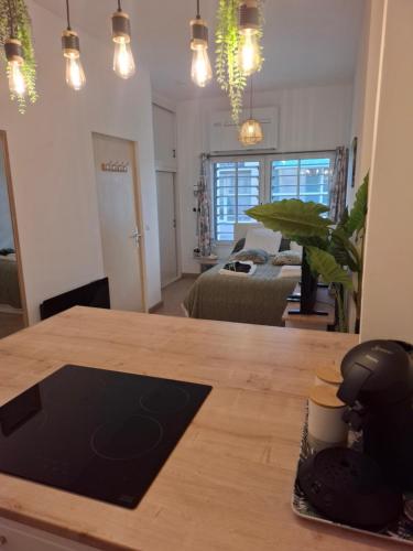 kuchnia i salon ze stołem i kanapą w obiekcie Studio La Casa De Planel Gare Saint Roch w Montpellier
