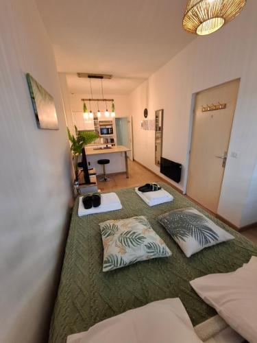 Cette chambre comprend 2 lits avec des oreillers. dans l'établissement Studio La Casa De Planel Gare Saint Roch, à Montpellier