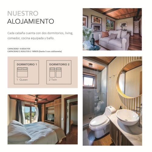 a collage of three pictures of a bathroom and a bedroom at La Sirca Boutique Winery Cabins in Población