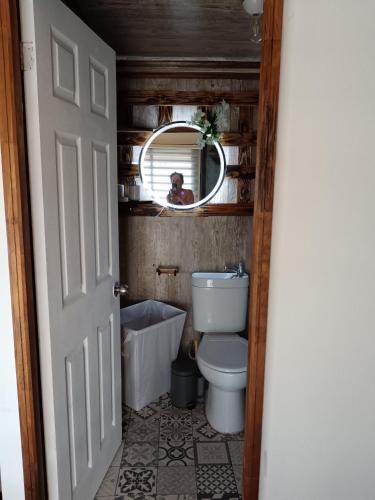 a bathroom with a toilet and a mirror and a tub at casa rural el saltillo in Pemuco