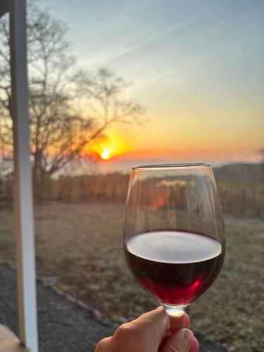 a person holding a glass of wine with the sunset in the background at Pronájem prázdninového domu in Tivives