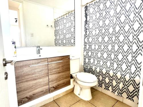a bathroom with a toilet and a sink and a mirror at Departamento en La Herradura in Coquimbo