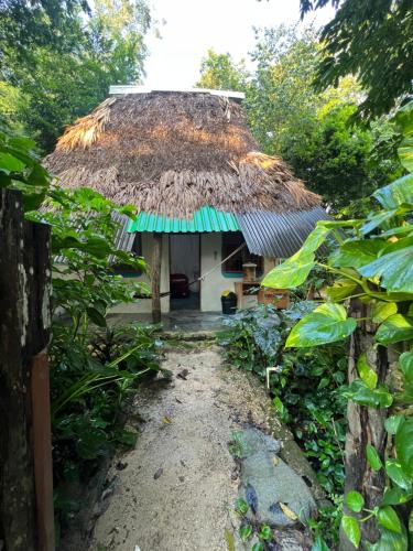 a small hut with a thatched roof at Hotel Mon Ami in El Remate