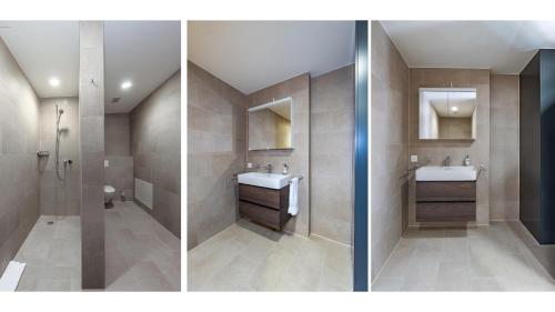 苏黎世Wollishofen Station 2 bedroom Luxury Apartment的浴室的两张照片,配有两个盥洗盆和厕所