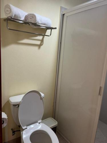 a bathroom with a toilet and a towel rack at Hotel El Romano in Ixtapan de la Sal