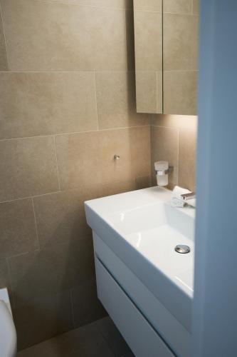 a bathroom with a white sink and a mirror at Duplex Apartment Bülach Station in Bülach