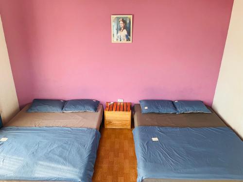 two beds in a room with a pink wall at Nhà Trên Mây - Homstay Tam Đảo in Tam Ðảo