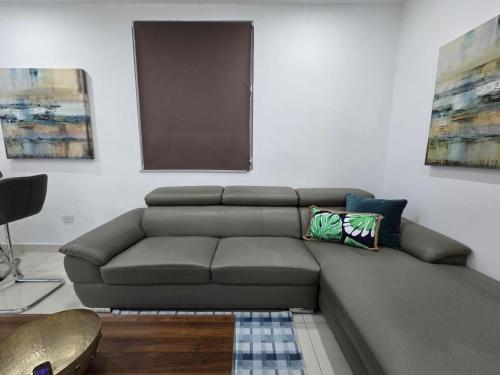 a gray couch in a living room with paintings at Reparto Metropolitano Apartments II in San Juan