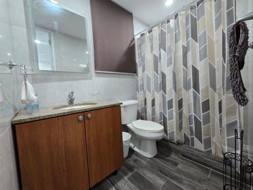 a bathroom with a toilet and a sink and a mirror at Reparto Metropolitano Apartments II in San Juan