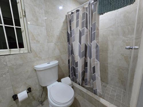 a bathroom with a toilet and a shower at Reparto Metropolitano Apartments II in San Juan